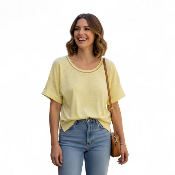 Chico's Yellow Linen Knit Top Size 0 Small Metallic Trim Short Sleeve Tunic Tee - Picture 1 of 13